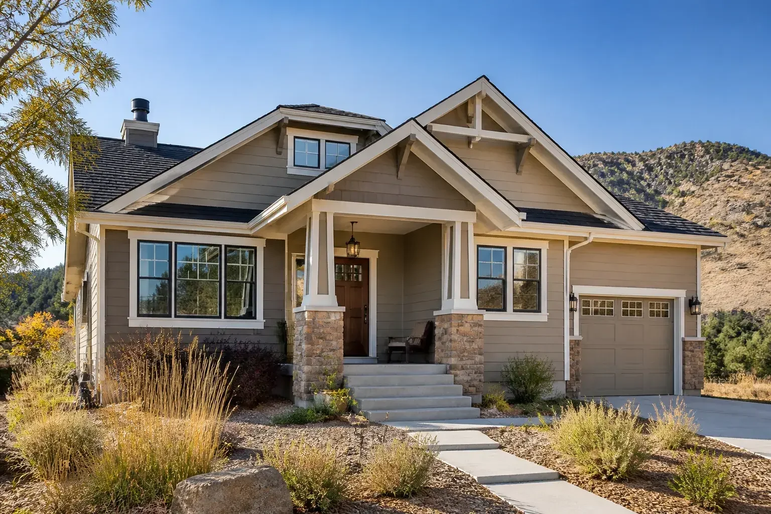 Freshly painted Golden home with crisp trim and foothills