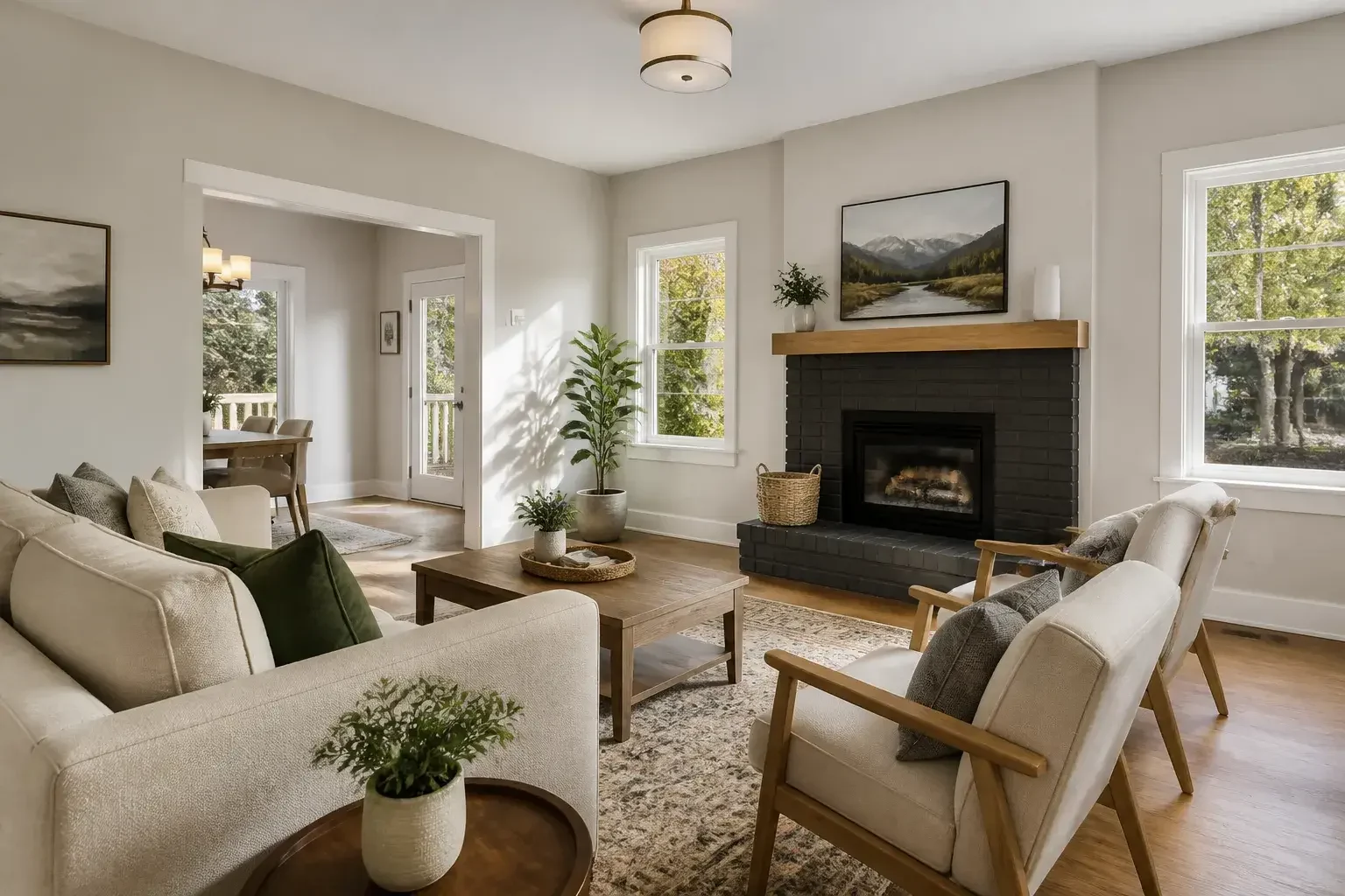 Bright finished living room with smooth freshly painted walls