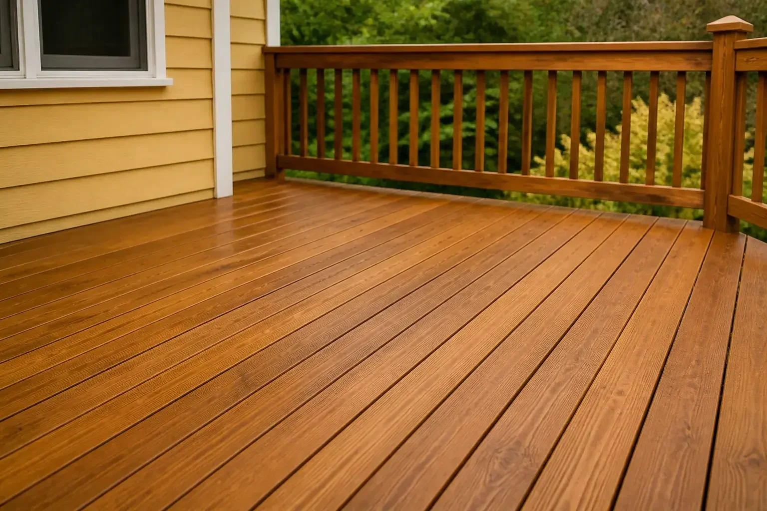 Richly stained deck boards with even wood grain