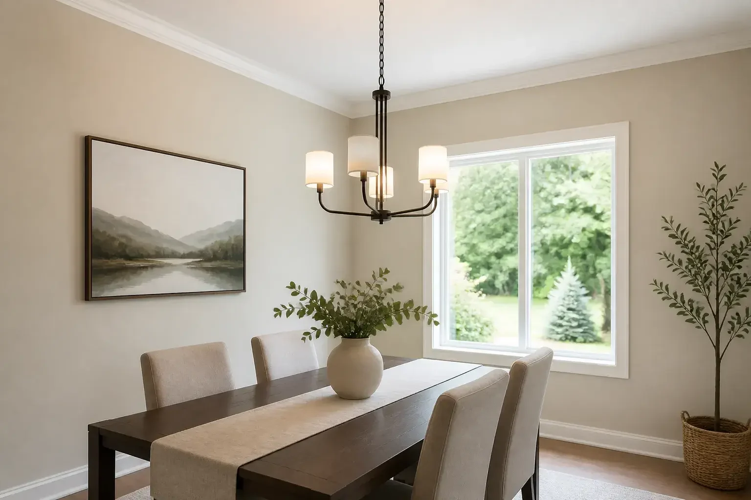 Serene dining room with freshly painted walls and trim