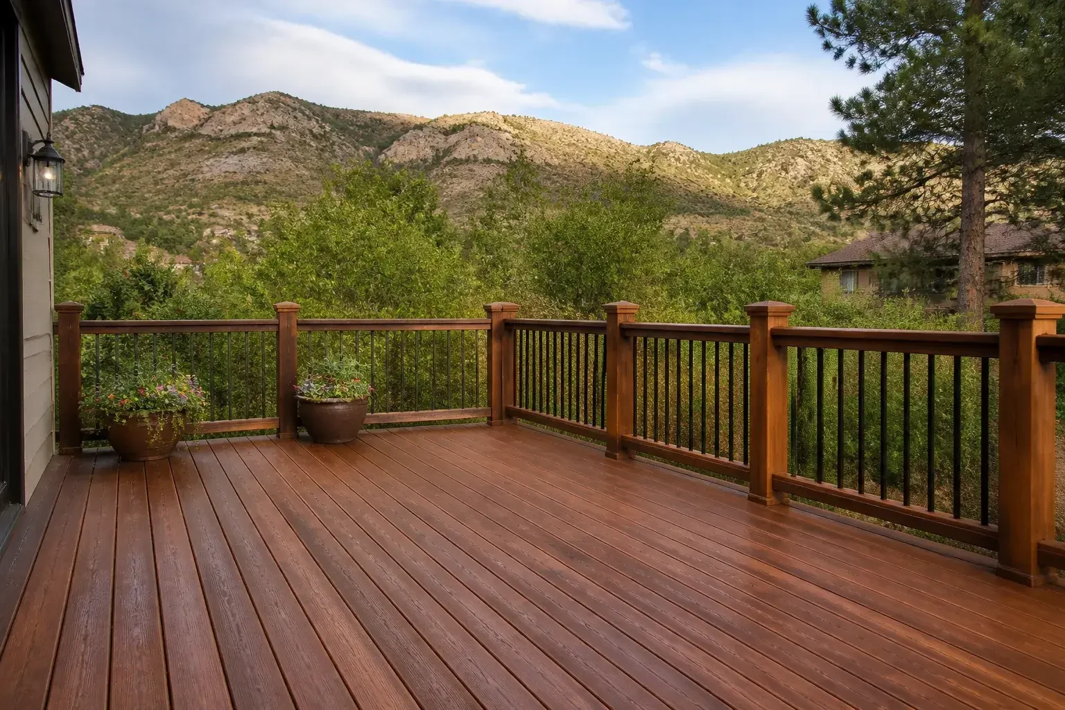 Freshly stained wooden deck in a Golden backyard